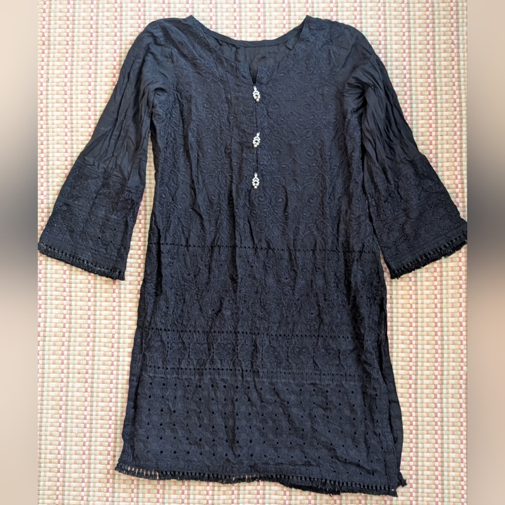 Black Embroidered Indian Kurti Tunic Top